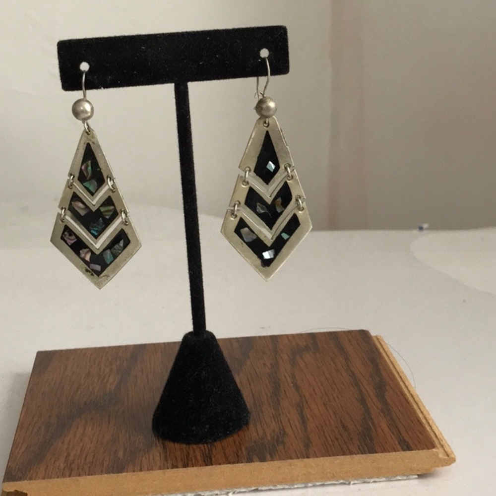 Vtg Alpaca Mexican Abalone Onyx Dangle Earrings